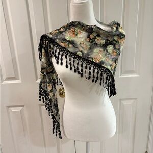 Floral Black and Cream Scarf with Tassels